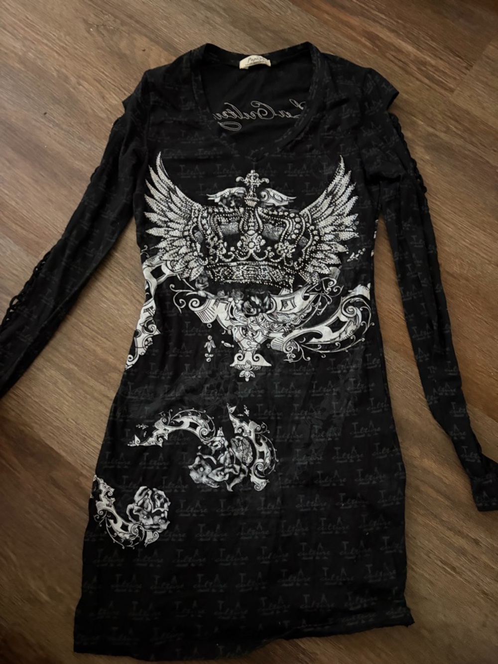 Black Graphic Winged Crown Long Sleeve Mini Dress - Picture 5 of 5